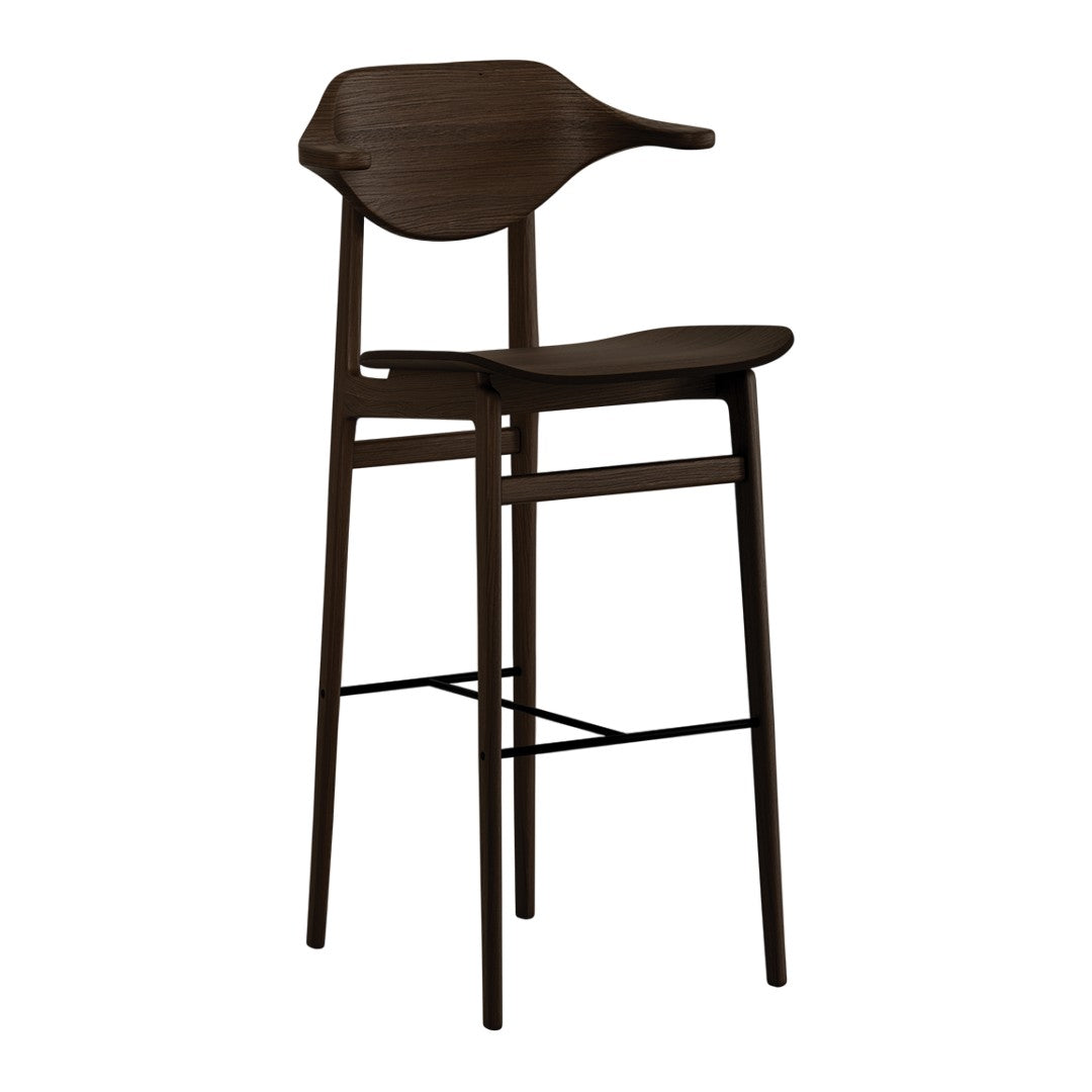 Stylish brown wooden bar stool with smooth, curved lines and minimalist design, perfect for modern decor.