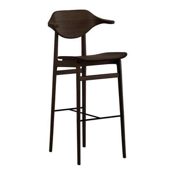Stylish brown wooden bar stool with smooth, curved lines and minimalist design, perfect for modern decor.