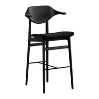 Black minimalist bar stool with a sleek, ribbed backrest and smooth seat, perfect for modern decor.