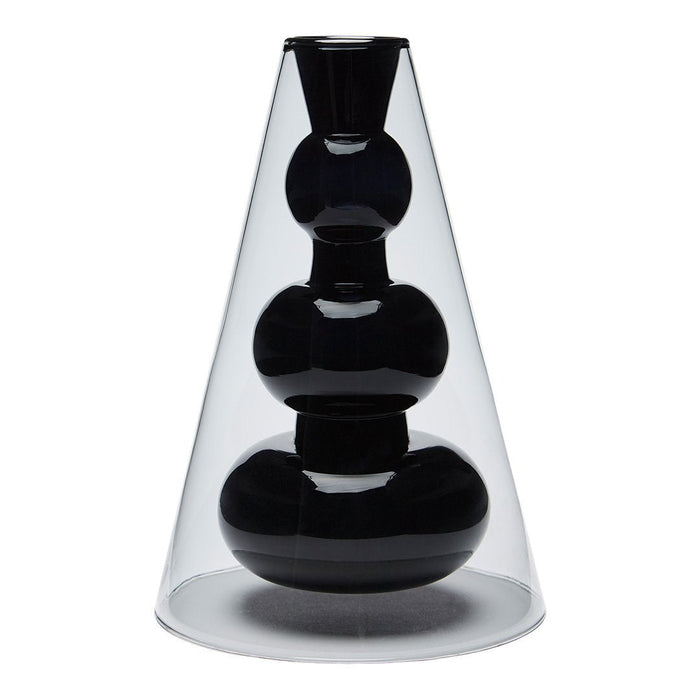 Black geometric vase with smooth curves, enclosed in a clear conical glass shape. Modern design for stylish decor.