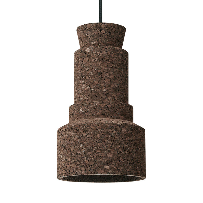 Brown cork pendant lamp with a textured, layered design. Modern, eco-friendly lighting solution for stylish interiors.