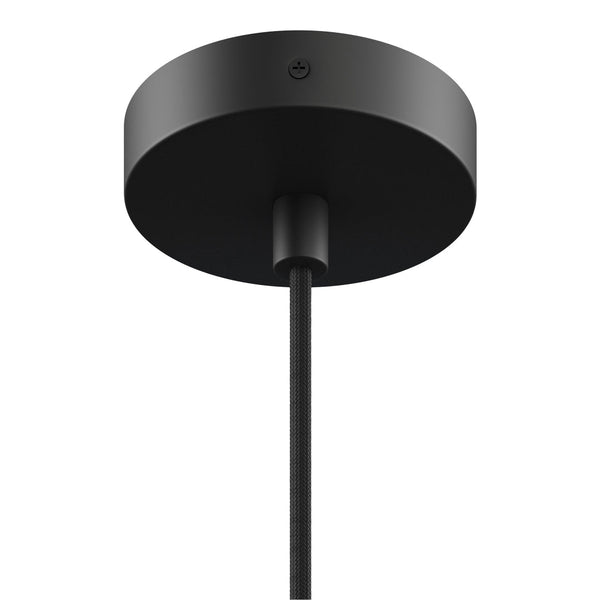 Sleek black ceiling mount with a smooth finish and minimalist design, complemented by a matching black cord.