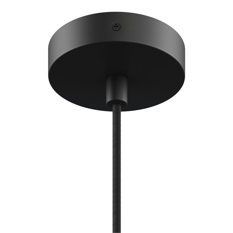 Sleek black ceiling mount with a smooth finish and minimalist design, complemented by a matching black cord.