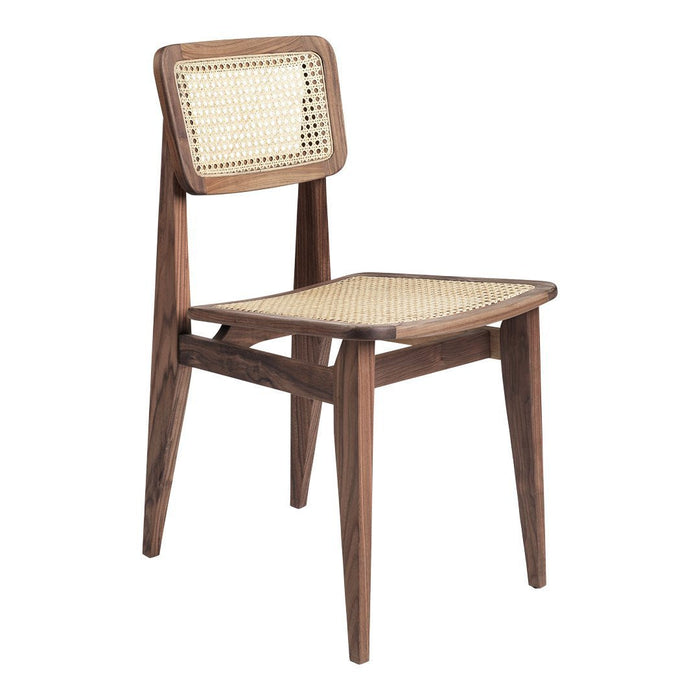 Mid-century wooden chair with a natural cane back and seat, featuring a rich walnut finish and minimalist design.