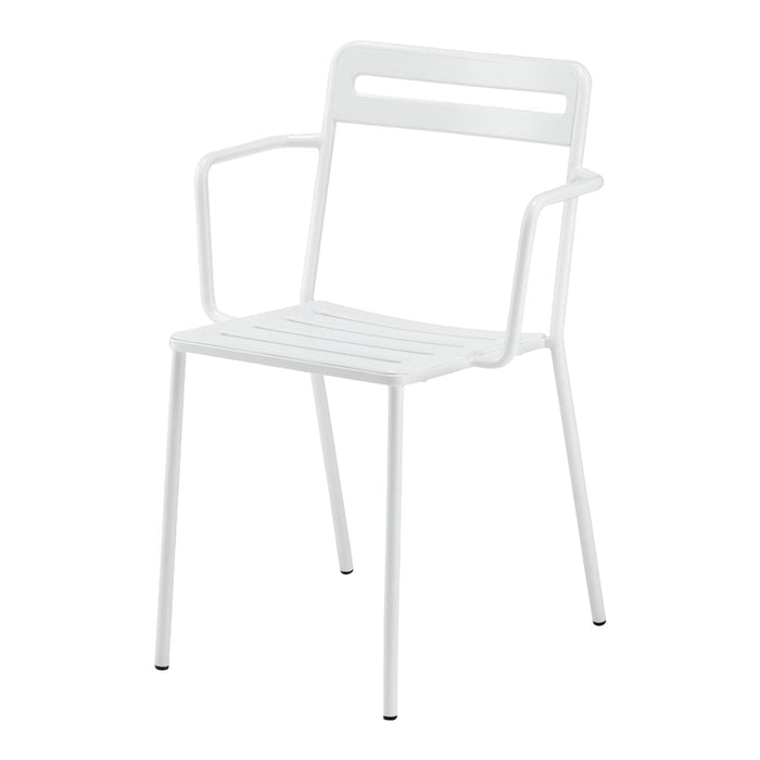 White metal chair with a minimalist design, featuring horizontal slats and a sleek, modern aesthetic.