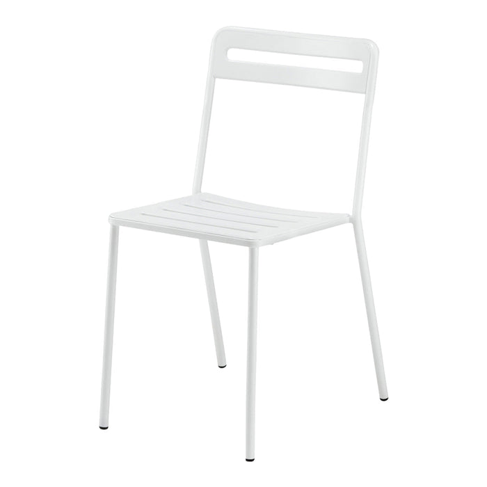 White metal chair with a minimalist design featuring slatted seat and backrest, ideal for modern decor.
