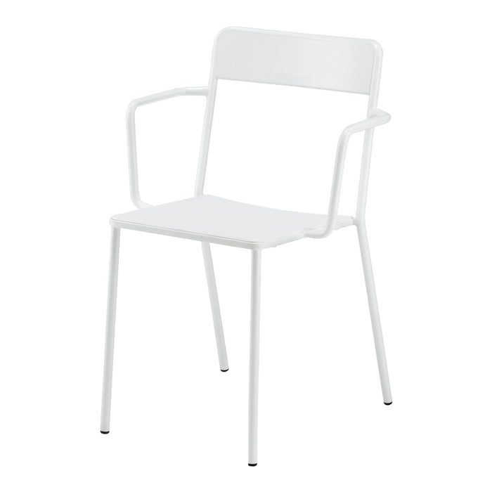 White metal chair with a minimalist design and no patterns, featuring straight lines and a sleek finish.