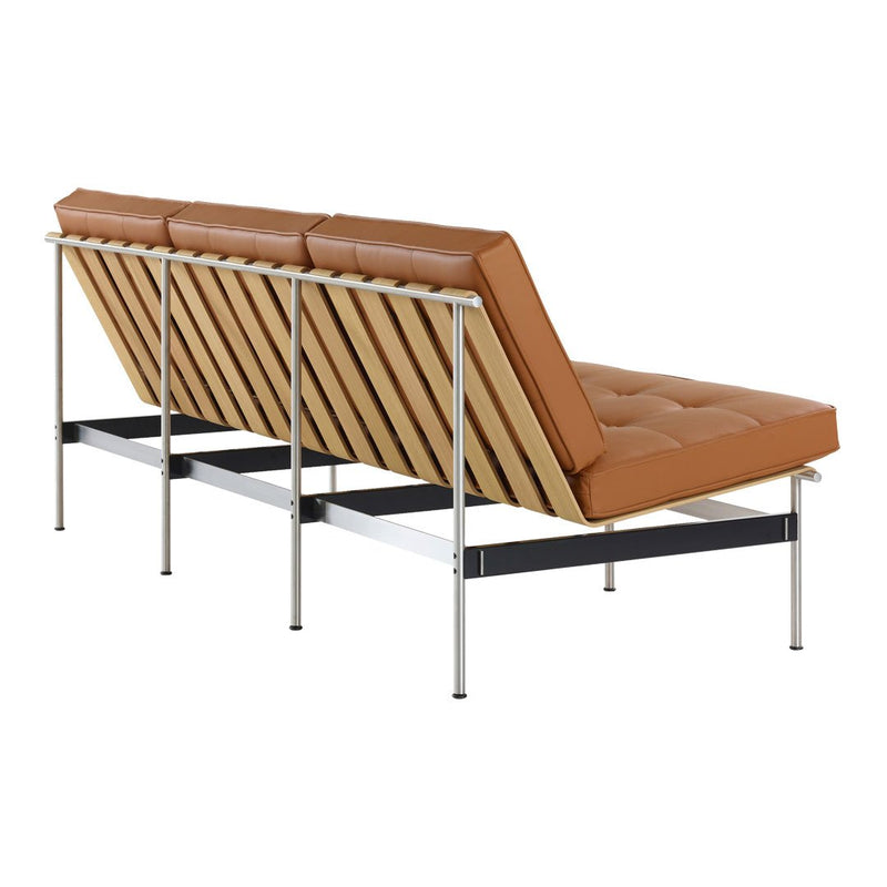 Brown leather sofa with a geometric wood slat pattern and silver metal frame, perfect for modern decor.