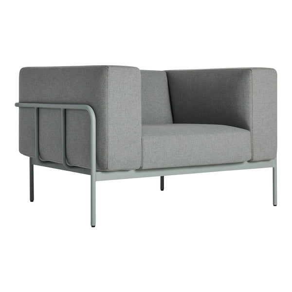 Gray upholstered sofa with minimalist design and light gray metal frame, featuring clean lines and geometric shapes.