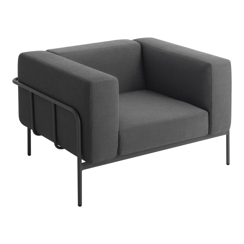 Modern gray chair with a sleek, minimalist design and textured fabric, featuring bold geometric lines.