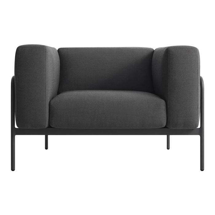 Sleek gray fabric loveseat with smooth, minimalist design and bold black metal frame. Perfect for modern interiors.