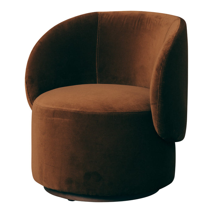 Brown velvet accent chair with a rounded design and sleek, soft texture. Ideal for modern or cozy interiors.