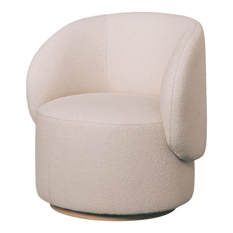 Cream upholstered swivel chair with smooth, rounded edges and minimalistic design. Ideal for modern decor.