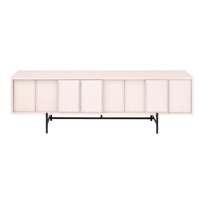 Light wood sideboard with natural grain texture, featuring six sliding doors and a sleek black metal base.