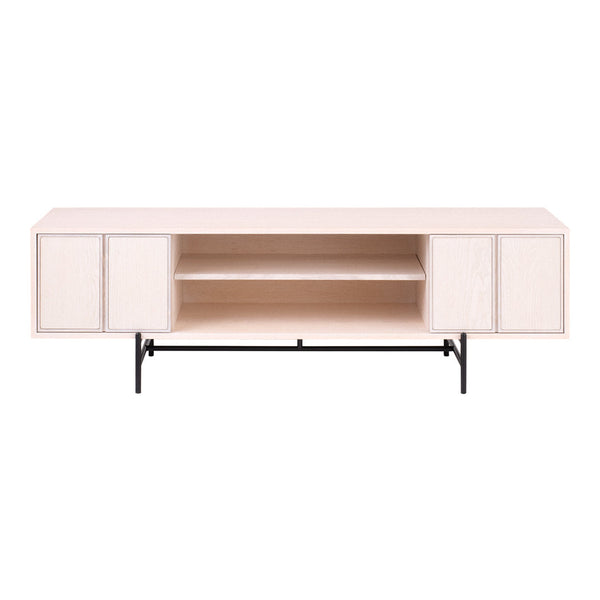 Light wood finish with a subtle grain pattern, paired with sleek black metal legs for a modern contrast.