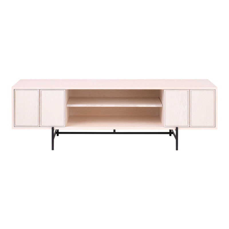 Light wood finish with a subtle grain pattern, paired with sleek black metal legs for a modern contrast.