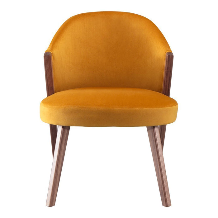 Velvet mustard yellow chair with wooden legs, featuring a smooth, modern design. Perfect for stylish interiors.