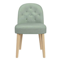 Light green upholstered chair with tufted back and natural wooden legs, adding a soft touch to any decor.