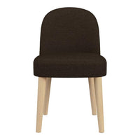 Brown upholstered chair with a curved backrest and light wood legs, featuring a simple, modern design.