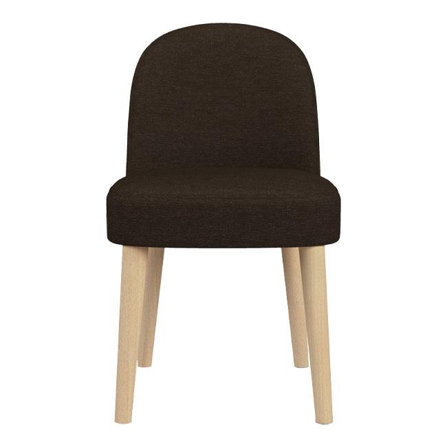 Brown upholstered chair with a curved backrest and light wood legs, featuring a simple, modern design.