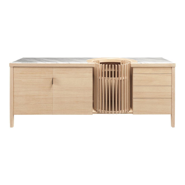 Light wood sideboard with a marble top and slatted center design, featuring smooth surfaces and natural grain patterns.