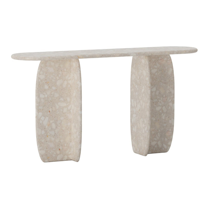 Light beige console table with a smooth, speckled surface and curved pedestal base featuring subtle patterns.