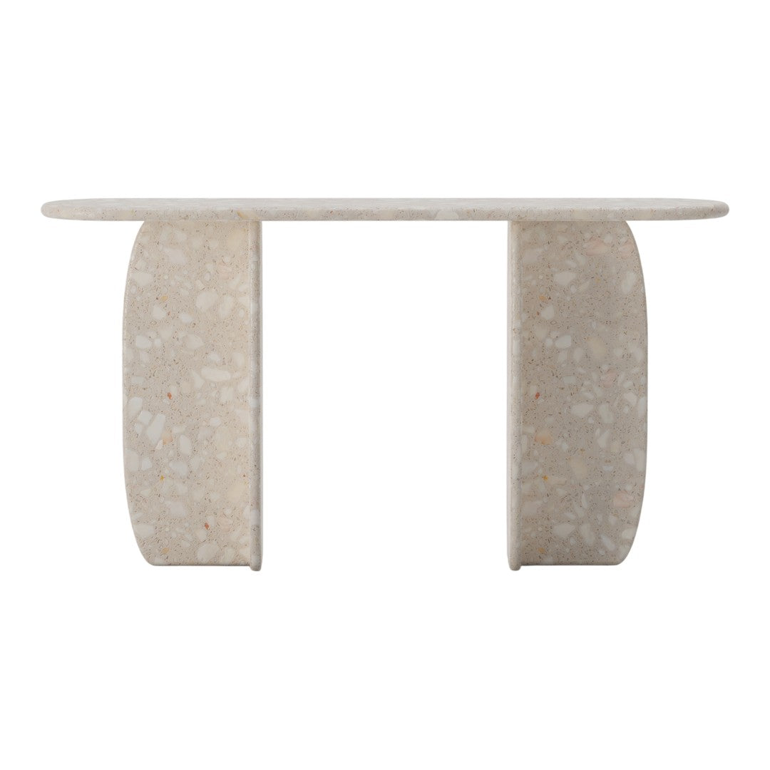 Light beige console table with a smooth surface and textured, curved legs in a subtle speckled pattern.