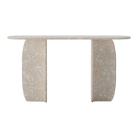 Light beige console table with a smooth surface and textured, curved legs in a subtle speckled pattern.