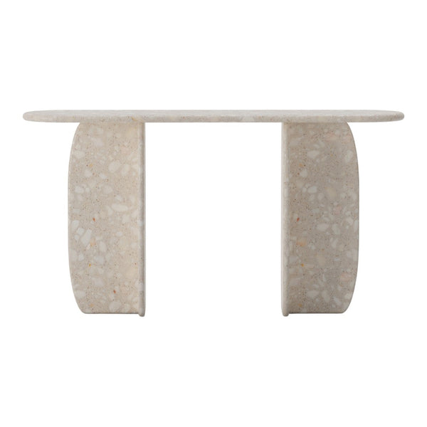 Light beige console table with a smooth surface and textured, curved legs in a subtle speckled pattern.