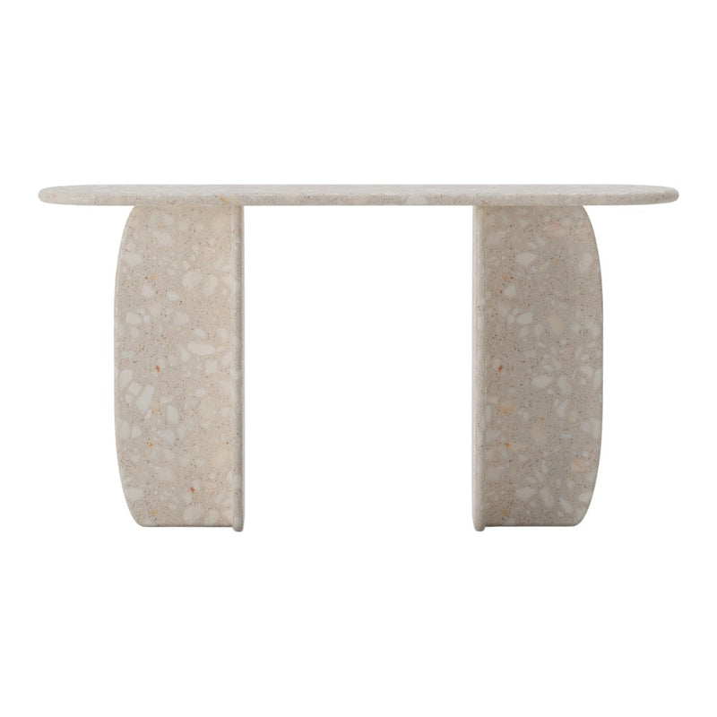 Light beige console table with a smooth surface and textured, curved legs in a subtle speckled pattern.