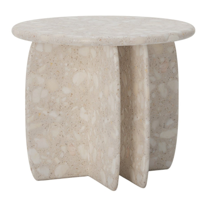 Light beige round side table with a textured, speckled surface and a modern sculptural design.