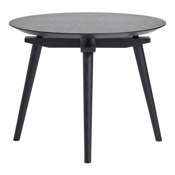 Round black side table with a patterned top and sleek black legs, perfect for modern decor.