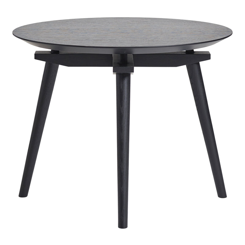 Round black side table with a patterned top and sleek black legs, perfect for modern decor.