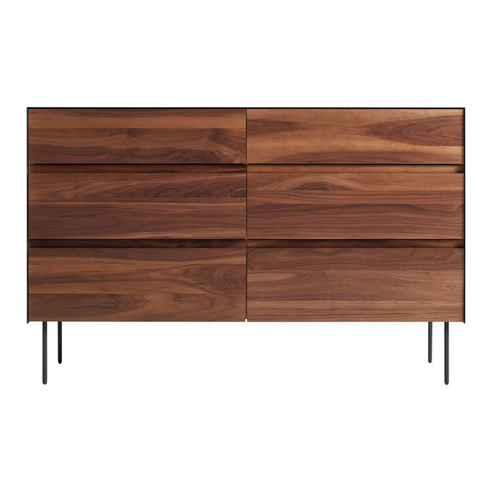 Wooden dresser with natural walnut finish, featuring smooth surfaces and sleek black metal legs for a modern look.