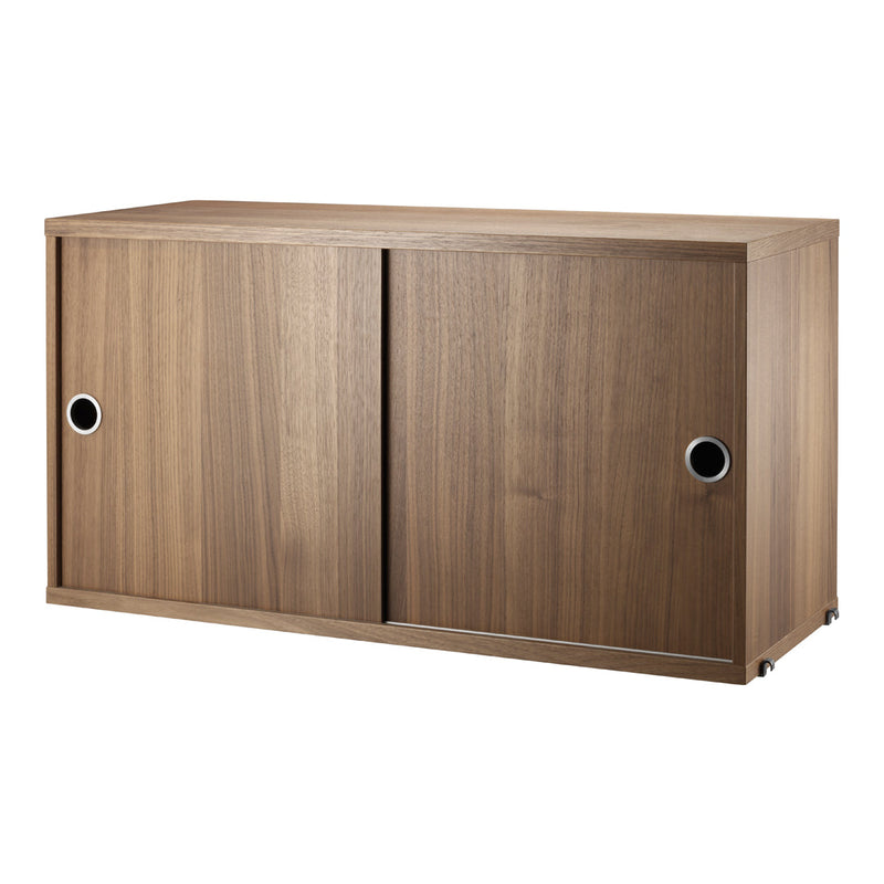 Sleek walnut wood cabinet with a smooth finish and subtle grain pattern, featuring two sliding doors.