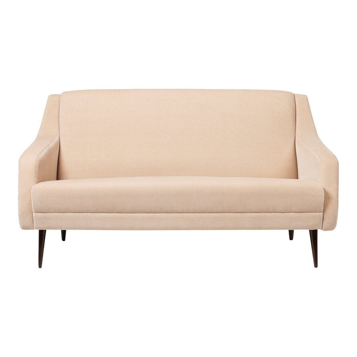 Beige upholstered sofa with smooth texture and mid-century modern design, featuring wooden legs.