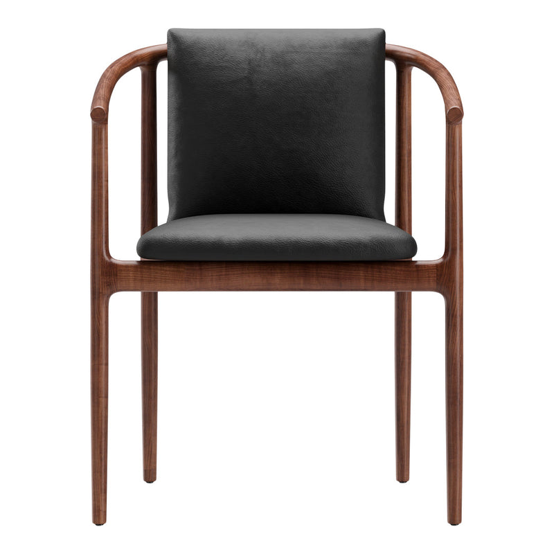 Modern chair featuring a sleek black leather seat and backrest with a warm walnut wood frame. Stylish and elegant design.