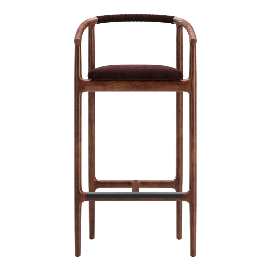 Wooden bar stool with a rich walnut finish, featuring a deep burgundy seat and subtle black accents.