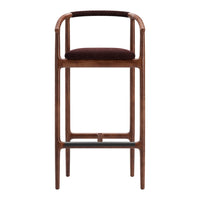Wooden bar stool with a rich walnut finish, featuring a deep burgundy seat and subtle black accents.