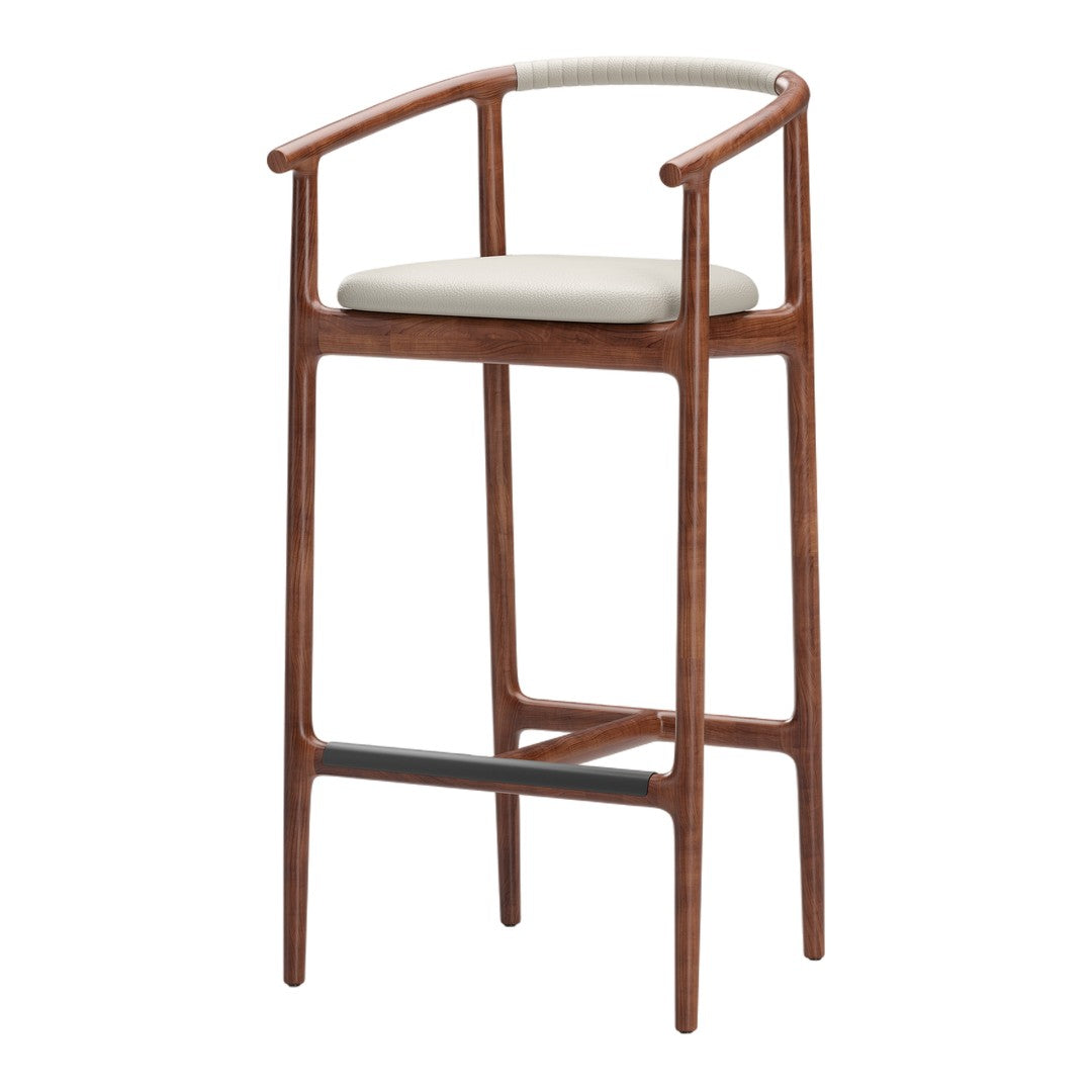 "Mid-century modern wooden bar stool with a walnut finish and light beige cushion, featuring sleek black accent."