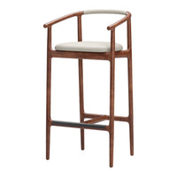 "Mid-century modern wooden bar stool with a walnut finish and light beige cushion, featuring sleek black accent."