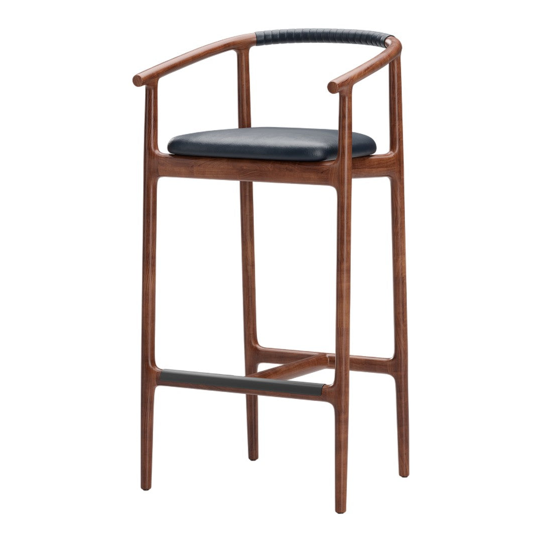 Mid-century wooden bar stool with a rich walnut finish and black leather seat, featuring a textured black grip.