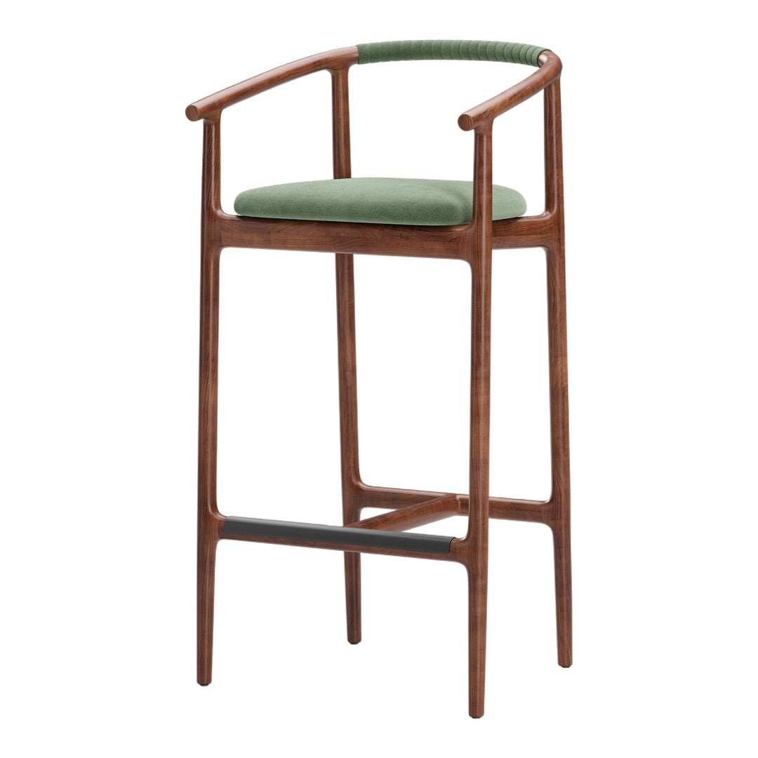 Wooden bar stool with dark walnut finish and green upholstered seat, featuring sleek, contemporary lines.