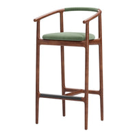 Wooden bar stool with dark walnut finish and green upholstered seat, featuring sleek, contemporary lines.