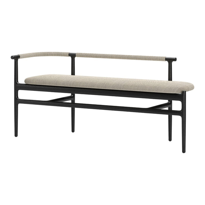 Black metal frame bench with a light beige textured fabric cushion. Stylish minimalist design.
