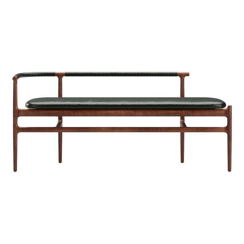 Mid-century modern bench featuring dark green leather upholstery and a warm walnut wood frame.