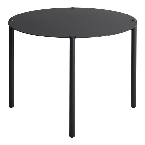 Black round table with a smooth surface and minimalistic design, featuring sleek black legs for a modern look.