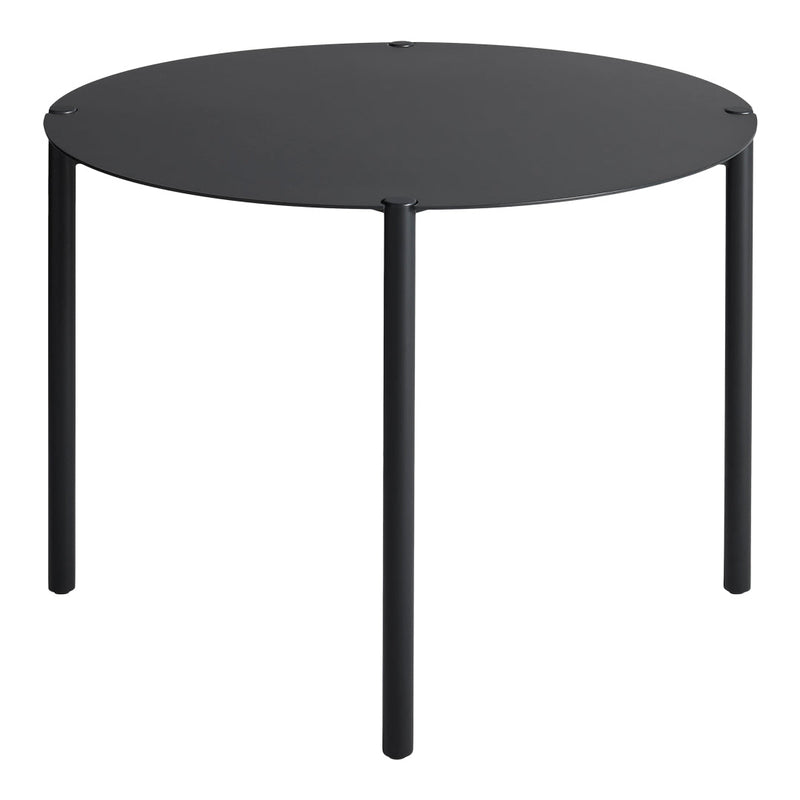 Black round table with a smooth surface and minimalistic design, featuring sleek black legs for a modern look.