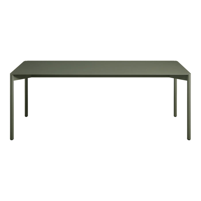 Green rectangular dining table with a sleek, modern design and smooth surface. Ideal for contemporary decor.
