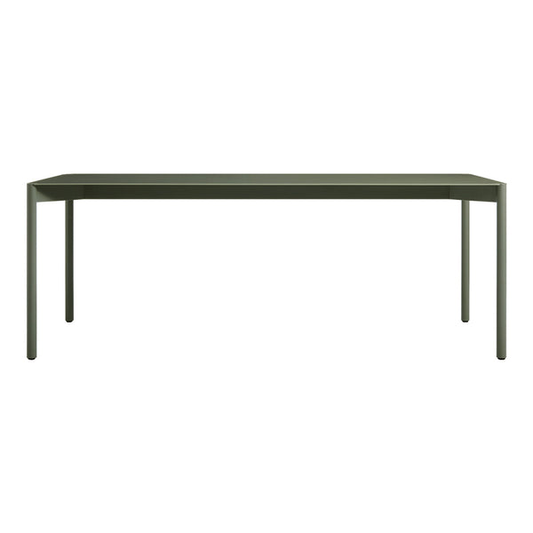 Green modern dining table with a sleek, minimalist design and solid rectangular top. Perfect for contemporary decor.